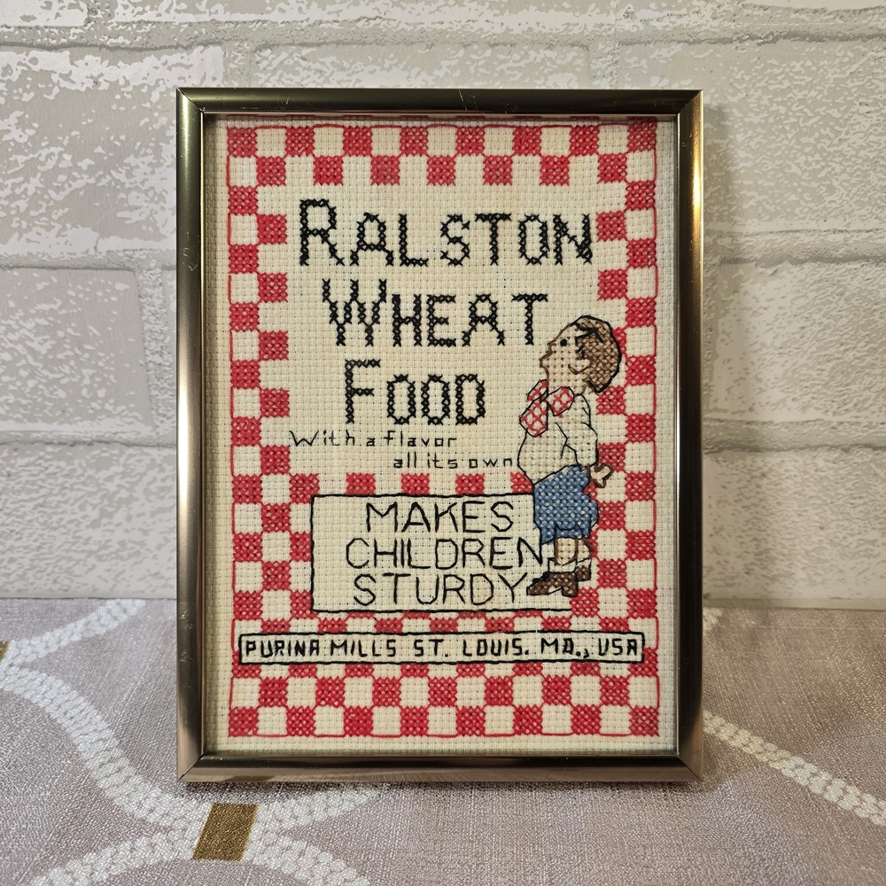 Vintage Ralston Wheat Food Completed Cross Stitch Framed Advertising Purina